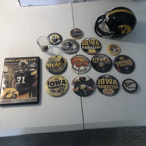 Iowa Hawkeyes Lot. Mini Helmet, DVD, And 13 Buttons Cover