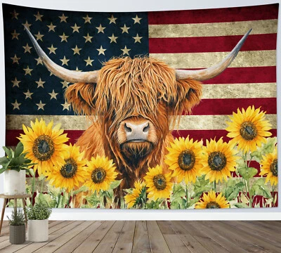 Divertido tapiz de bandera americana de vaca girasol amarillo para dormitorio sala dormitorio Foto 1 de 4