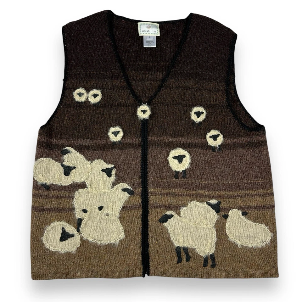 VTG 1999 Susan Bristol Sheep Sweater Vest Shetland Wool Large Brown Lambs *Holes - Image 1 of 4