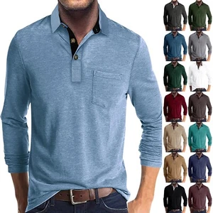 Men's Casual Polo Shirts Classic Button Basic Long Sleeve Shirt Solid Color Tops - Picture 1 of 48