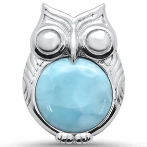 Natural Larimar Owl Design .925 Sterling Silver Pendant - Picture 1 of 2