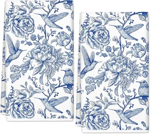 Anydesign Chinoiserie Floral Kitchen Towels Blue White Flowers Bird Dish Towels - Picture 1 of 12