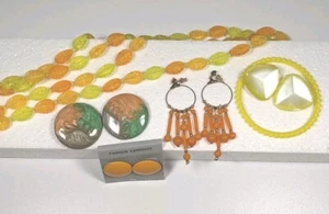 Orange Yellow Jewelry Long Necklace Chandelier & Button Earrings Bracelet 1980s - Picture 1 of 13