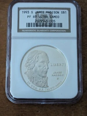 1993-S JAMES MADISON COMMEMORATIVE SILVER DOLLAR COIN NGC PF69 ULTRA CAMEO - Image 1 of 3