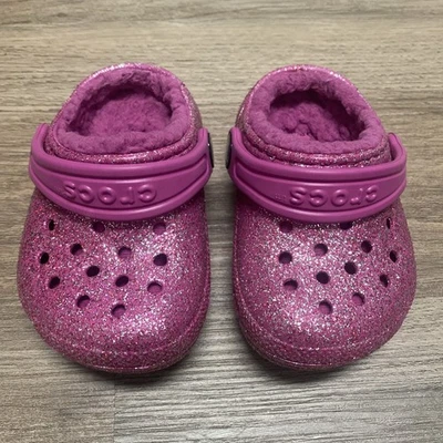 Crocs Baby Toddler Girls Classic Fleece Lined Pink Glitter Sparkle Clog Size C4 - Image 1 of 4