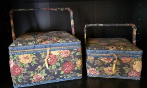 Caja de costura vintage - Juego de 2 cajas, con asas. Japón. Estampado floral. - Imagen 1 de 5