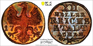 1767 IK Deutsche Staaten Aachen 12 Heller, PCGS UNC Details, Germany, KM-51 - Bild 1 von 2