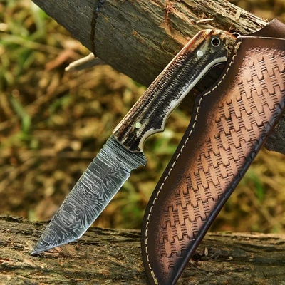 8.5" Damascus Steel Blade Custom Antler Handle Handmade Hunting Knife W Sheath - Image 1 of 4