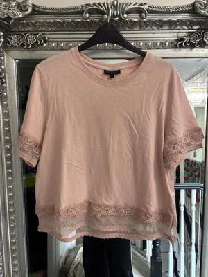 Topshop Women’s Dusky Pink Lace Grill Crochet Edged Top T-shirt Size 14 - Image 1 of 4