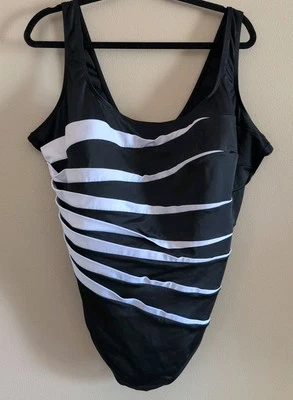 Great Lengts One Piece Swimsuit Womens Sz 24 Black White Stripe Ruched Control - Image 1 of 4