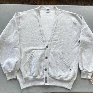 Vintage Russell sportliche Strickjacke 90er unbedruckt hergestellt in den USA Herren groß meliert grau neu mit Etikett - Bild 1 von 9
