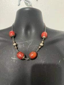 Vintage Sterling Silver Beaded  Amber Necklace - Picture 1 of 5