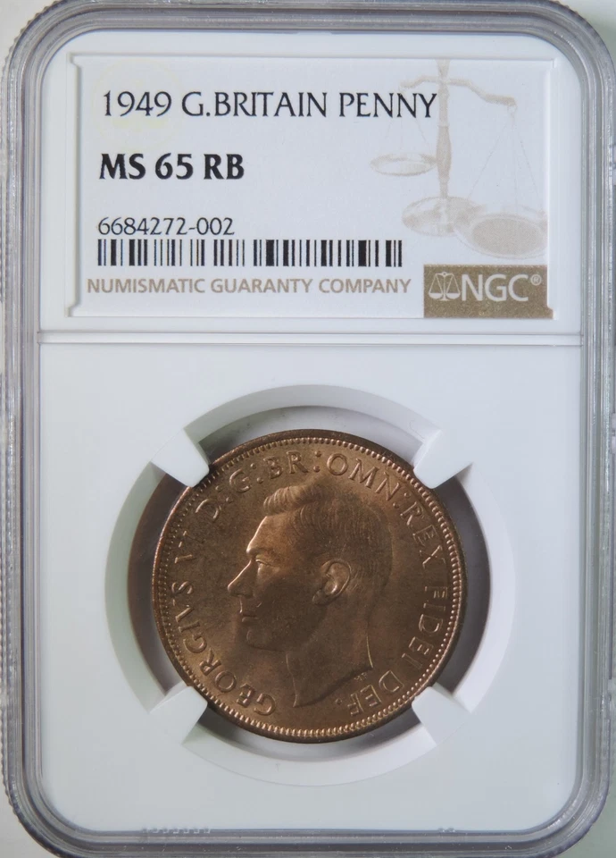 1949 Great Britain George VI One Penny Coin NGC Graded MS65 RB GEM UNC Top Pop - Image 1 of 4