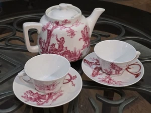 Teiera porcellana Vint francese alluminio frugier rosa Toile de Jouy con 2 tazze  - Foto 1 di 14