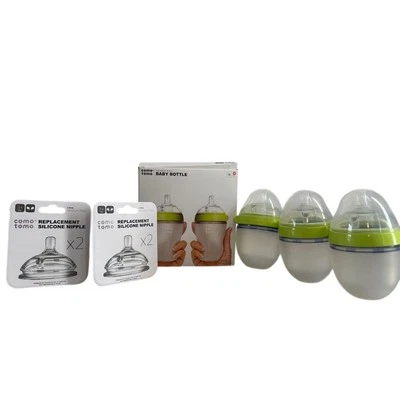 Comotomo Silicone Baby Bottle Bundle Green 5oz 8oz Replacement Nipples Wide Neck - Image 1 of 4