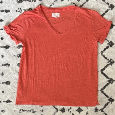 Lou & Grey 100% Linen Short Sleeve T Shirt Size Medium V Neck  Orange Top (F)  - Image 1 of 2