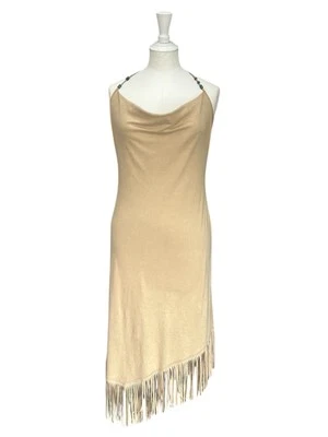 Vestido midi Plein Sud imitación gamuza asimétrico flecos beige correa con cuentas Reino Unido 10/12 Foto 1 de 4