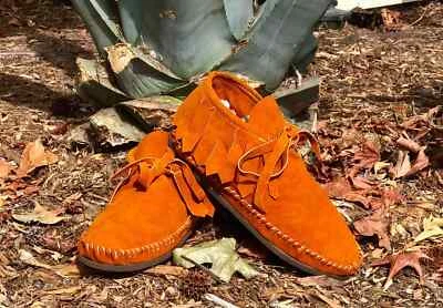 Moccasins comfortable Native American fringe ankle tie up cowhide suede mustard - Image 1 of 4