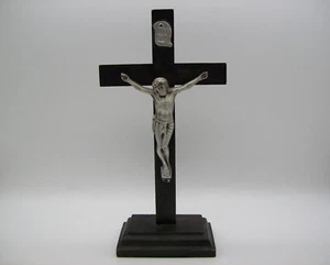 Vintage TISCHPLATTE Kruzifix ALTAR Kreuz Holz Metall Jesus religiös INRI Alter - Bild 1 von 23