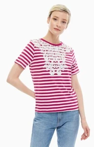 NEW Vero Moda Organic Cotton Fuchsia/White striped top with Lace Application XL - Picture 1 of 4