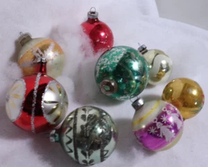 Lot of 8 Vintage Glass Ball Ornaments, mix of stencil, paint designs 2.5" - 3.5" - Picture 1 of 3