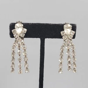 Vintage Long Rhinestone Clip on Earrings Silver tone 2" - Picture 1 of 8
