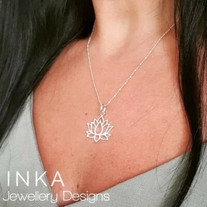 925 Sterling Silver 16" Necklace with Large LOTUS FLOWER pendant By INKA - Picture 1 of 7