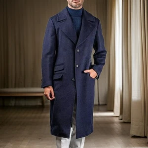 Navy Blue Wool Coat Full Length Heavy Winter Overcoat - Picture 1 of 4