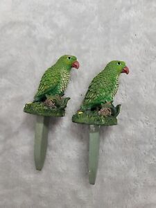 2 Green Parrot Flower Pot Stakes Tropical Decor Island Chic 