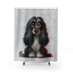 DigiPups Afghan Hound Puppy Dog & Ladybug Friend Cartoon Bathroom Shower Curtain - Picture 1 of 5