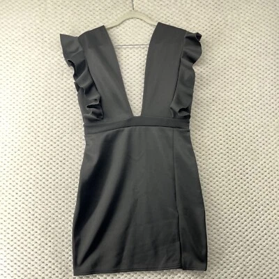 Nasty Gal Black Mini Dress Ruffle Sleeves Plunge Neck Party Dress S - Image 1 of 4