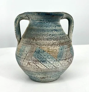 UNIQUE Decorated Weathered South Western Pottery Double Handled VASE 6 1/2” Tall - Picture 1 of 13