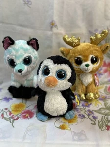 "Lote de peluche Ty Beanie Boos de 3 pingüinos, zorros y renos 6"" lindos y suaves" - Imagen 1 de 10