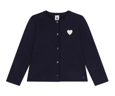 Petit Bateau Girl’s Cardigan Molleton Navy Blue With White Heart Size 12 - Image 1 of 4