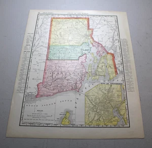 Mapa a color 1895 RAND-McNALLY de RHODE ISLAND, con BOSTON, MA - Imagen 1 de 2