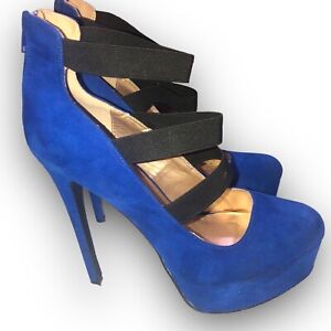 Charlotte Russe Cobalt Blue Vegan Platform Stiletto Heels black straps Womens 10