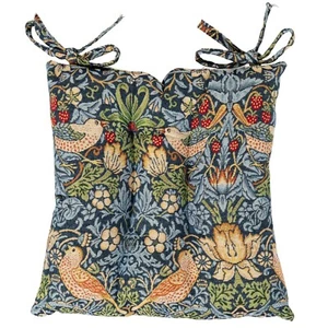 William Morris Strawberry Thief Blue Tapestry Quilted Seat Pad. With Chair Ties - Picture 1 of 3