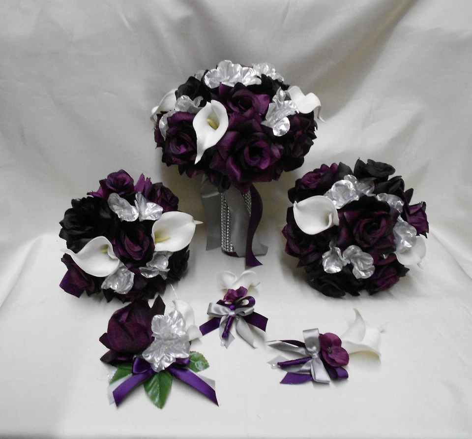 Silk Flower Wedding Bridal Bouquet Purple Plum Eggplant Silver Calla Lily 18 pcs - Image 1 of 4