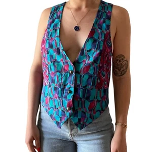 Gilet donna vintage anni 90 geometrico vortice blu astratto preppy taglia L - Foto 1 di 3