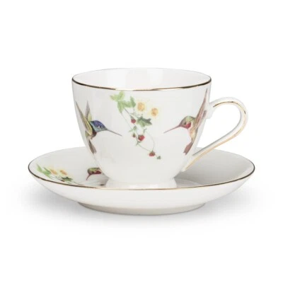 Juego de 4 tazas y platillos colibríes porcelana de hueso 6,5 oz detalles de oro 10K Foto 1 de 4