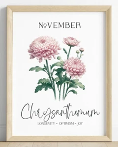 Birth Month Flower Art Print November, Chrysanthemums Wall Art Decor, Home Decor - Picture 1 of 2
