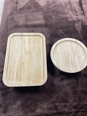 Contenedores de almacenamiento de vidrio IKEA de 2 piezas 34 oz rectangulares, tazón de 14 oz tapas de bambú/madera usados Foto 1 de 4