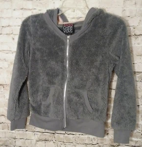 Miss Chievous Girls Kid Size Large Jacket Gray Sequenced Hood Fluffy Furry Zip  - Picture 1 of 5