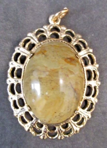 Medium Size Natural Brazilian Green Jasper Cabochon and Gold Tone Metal Pendant - Picture 1 of 4