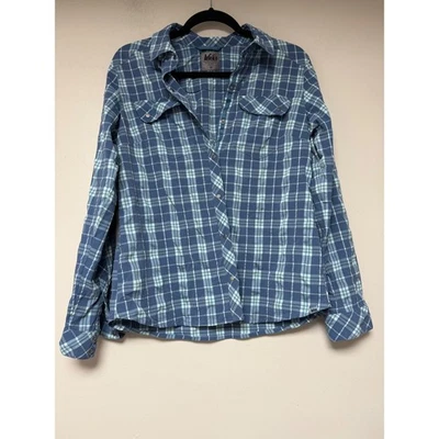 Camisa REI a Cuadros Manga Larga Con Botones Para Mujer Mediana Azul Verde Exterior Informal Foto 1 de 4