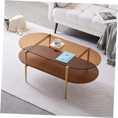 Mesa de centro ovalada de vidrio, Mid-Century L41" mesa de centro ovalada ámbar y nogal Foto 1 de 4