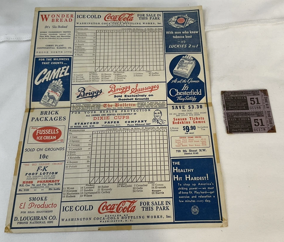 1942 Washington Senators vs. Cleveland Indians Baseball Scorecard - Image 1 of 4