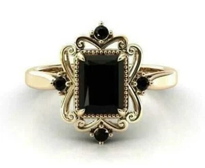 3Ct Emerald Cut Lab Created Black Diamond Engagement Ring 14K Yellow Gold Plated - Picture 1 of 6