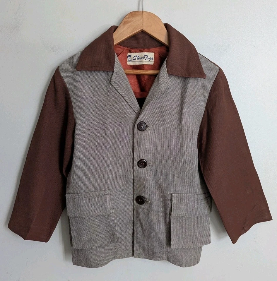 Chaqueta Rockabilly Vintage Años 40 50 Niños Niños Rayón Gabardina Marrón 2 Tonos Foto 1 de 4