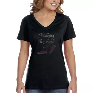 XtraFly Apparel Women's Walking by Faith Sequin Jesus God Cross V-neck T-shirt - Picture 1 of 3